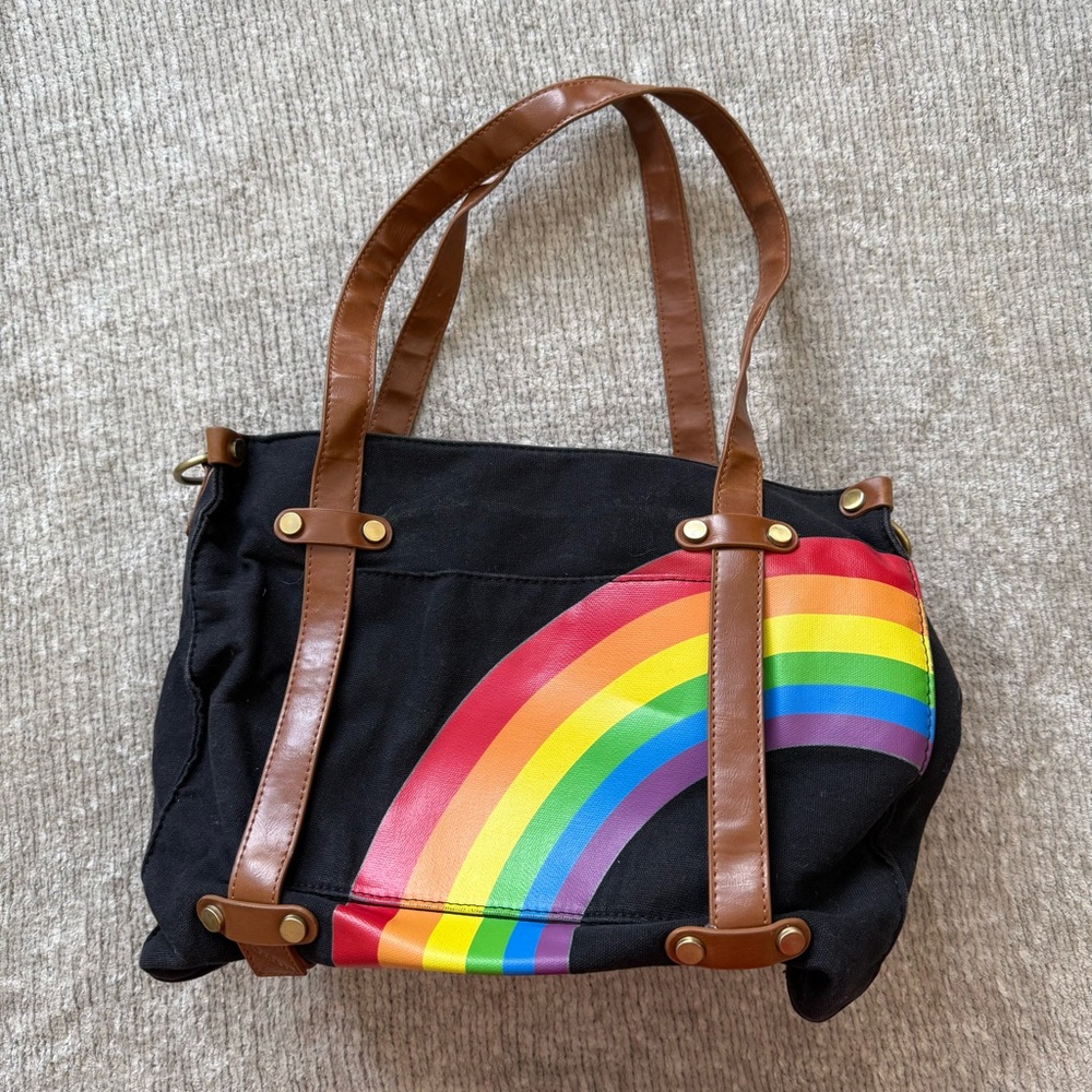 ModCloth Rainbow Canvas Director Tote‎ Bag Brown Faux Leather Handles Zip Top